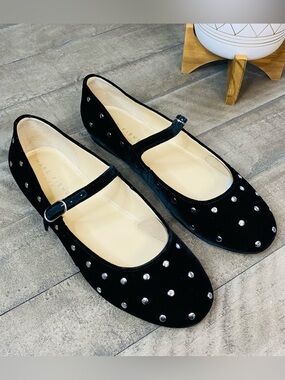 Marc Fisher LTD Elizza Studded Black Velvet Mary Jane Flats Sz 8.5 M